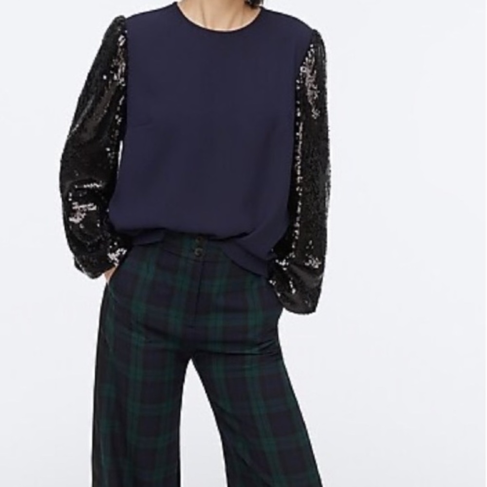 J crew sequin sleeve crepe blouse navy black NWT